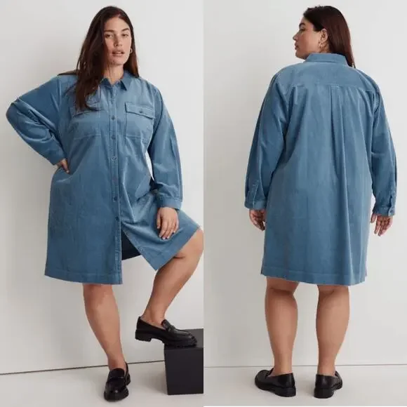 Madewell Dress Womens 2X Blue Corduroy Mini Shirtdress Long Sleeve Shift Collar - Picture 1 of 10